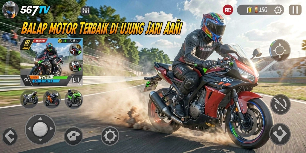 Tampilan gameplay seru di 567TV yang menampilkan aksi balap motor.