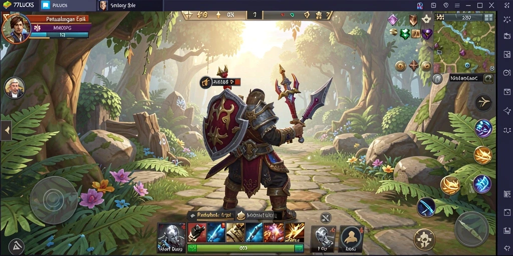 Screenshot utama menunjukkan aksi seru dalam petualangan MMORPG 77LUCKS.
