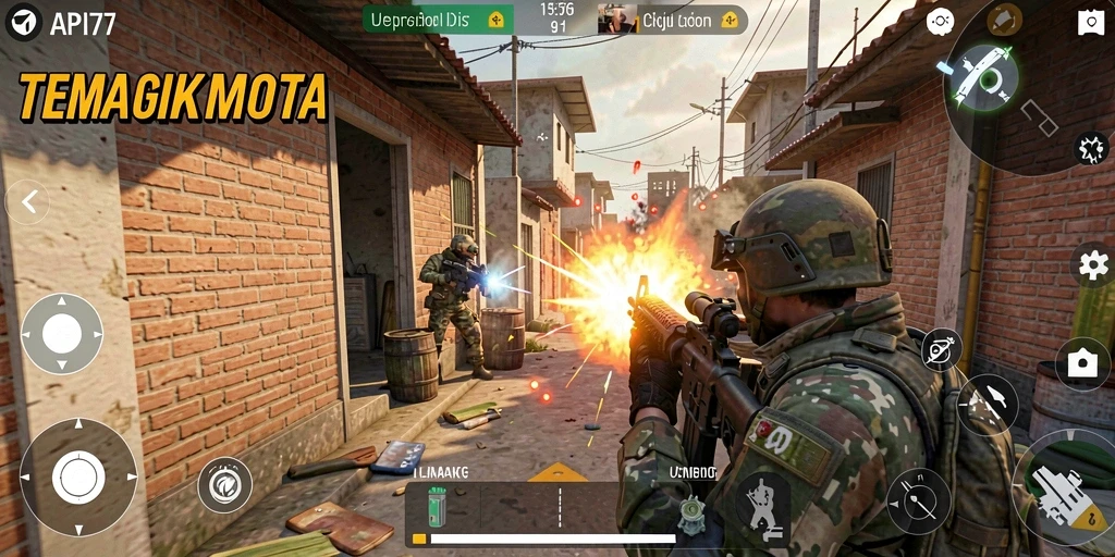 Screenshot utama API77 menampilkan aksi tembak-menembak yang mendebarkan.