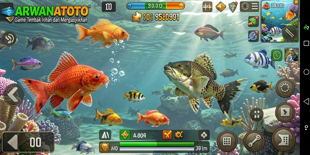 Screenshot gameplay ARWANATOTO menampilkan serunya menembak ikan.