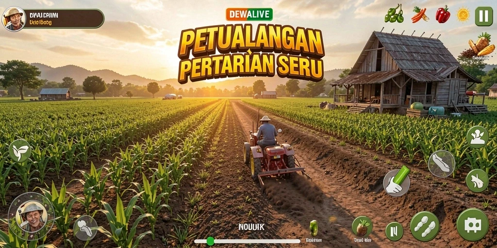 Tampilan gameplay seru DEWALIVE dengan kegiatan bertani yang menggembirakan.