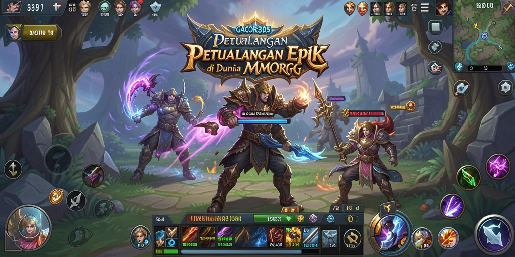 Tampilan gameplay GACOR305 dengan pertarungan epik di dunia fantasi.