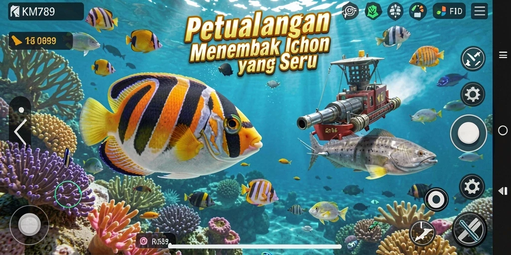 Gameplay KM789 menampilkan suasana menangkap ikan yang menyenangkan.