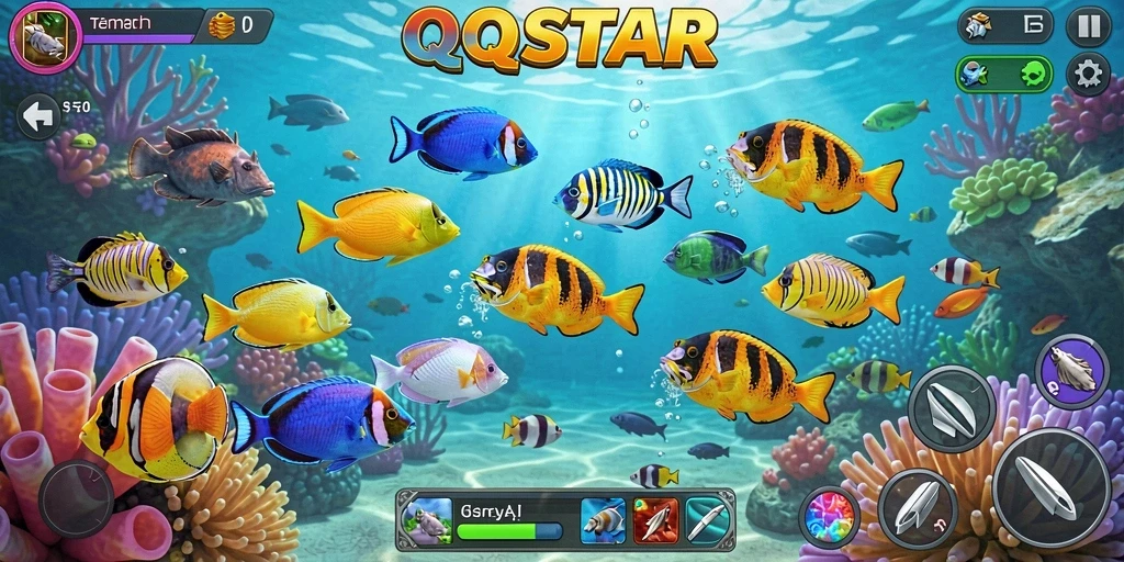 Tampilan gameplay seru dalam QQSTAR saat menembak ikan.