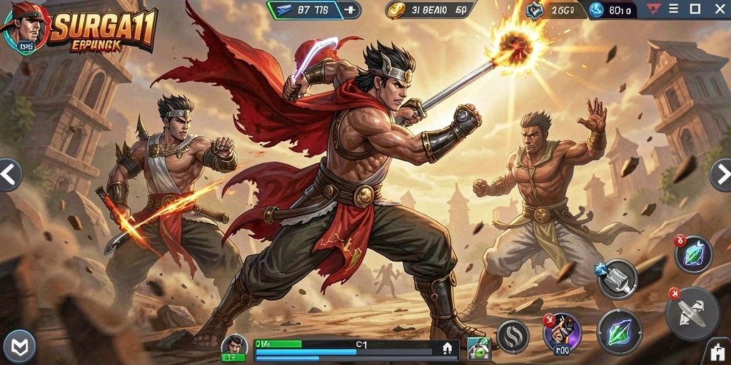 Tampilan gameplay SURGA11 yang intens dan mendebarkan saat pertarungan.